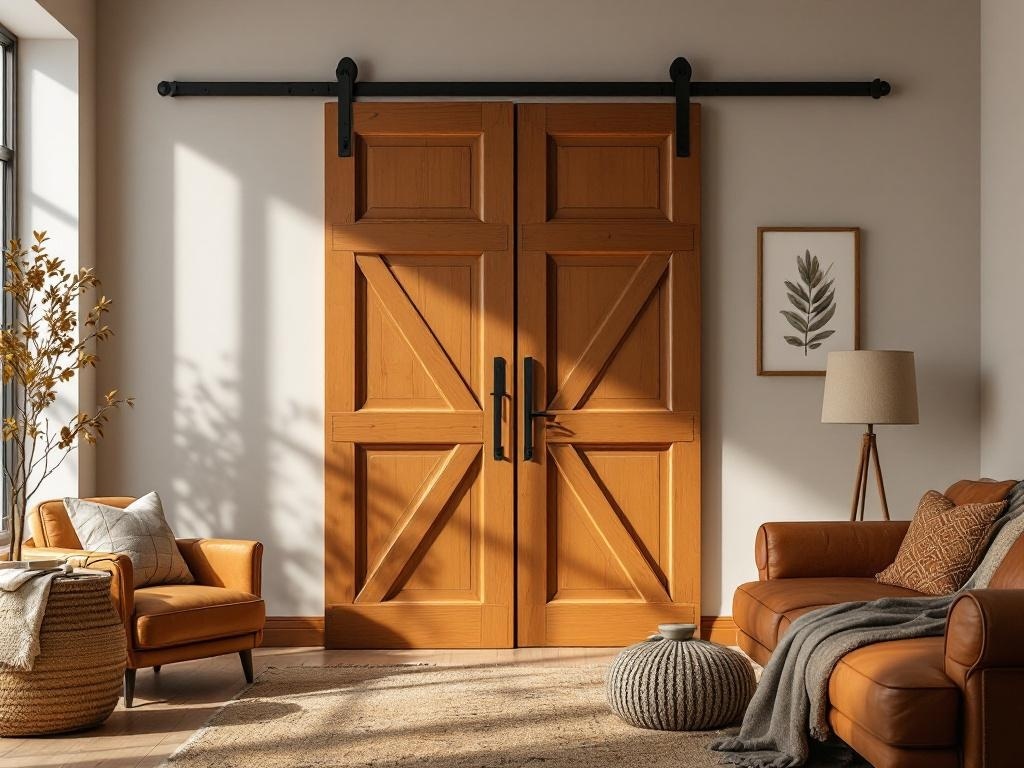 A cozy living room featuring warm caramel brown barn doors, a leather sofa, and natural decor elements.