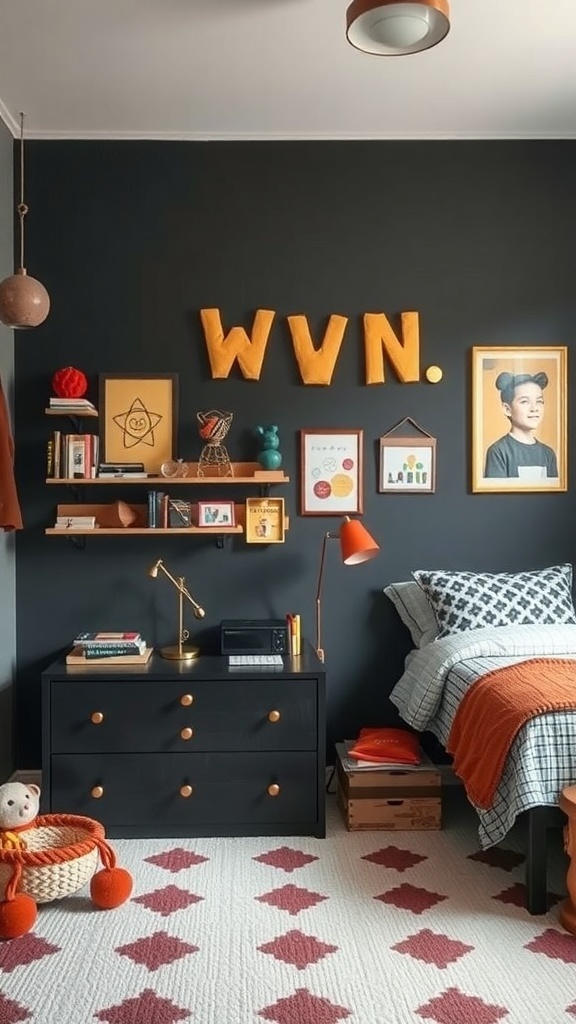 A stylish boys room featuring warm charcoal walls, colorful accents, and modern decor.
