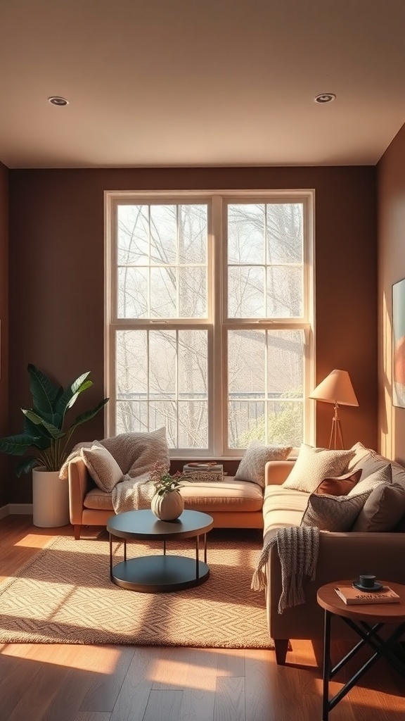 A cozy living room with warm chocolate brown walls, large windows, and soft furnishings.