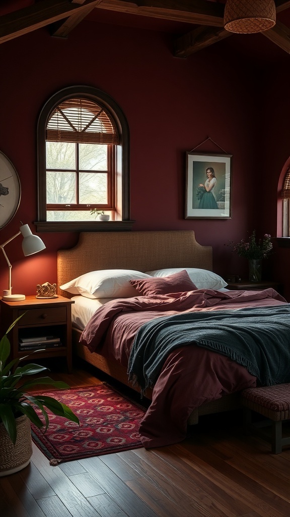Cozy bedroom with warm burgundy walls, layered bedding in maroon and gray, and soft lighting.