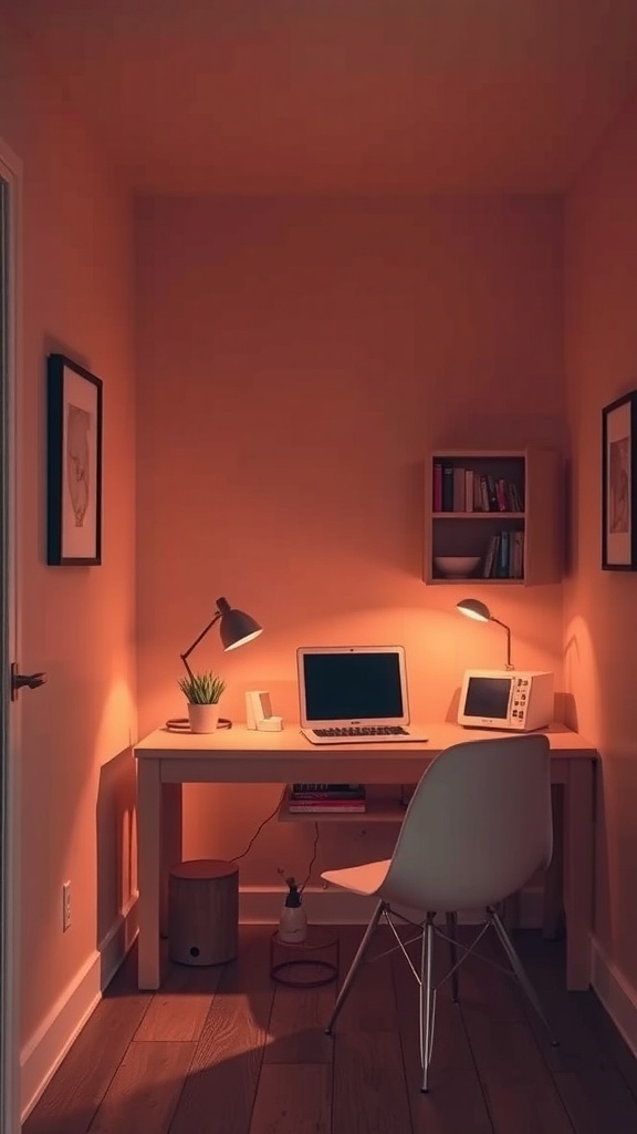 A cozy workspace with warm peach walls, a desk with a computer, a lamp, and a plant, creating a minimalist aesthetic.