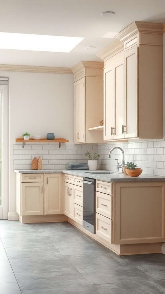 A kitchen featuring warm cream cabinets with gray flooring, showcasing a bright and inviting design.