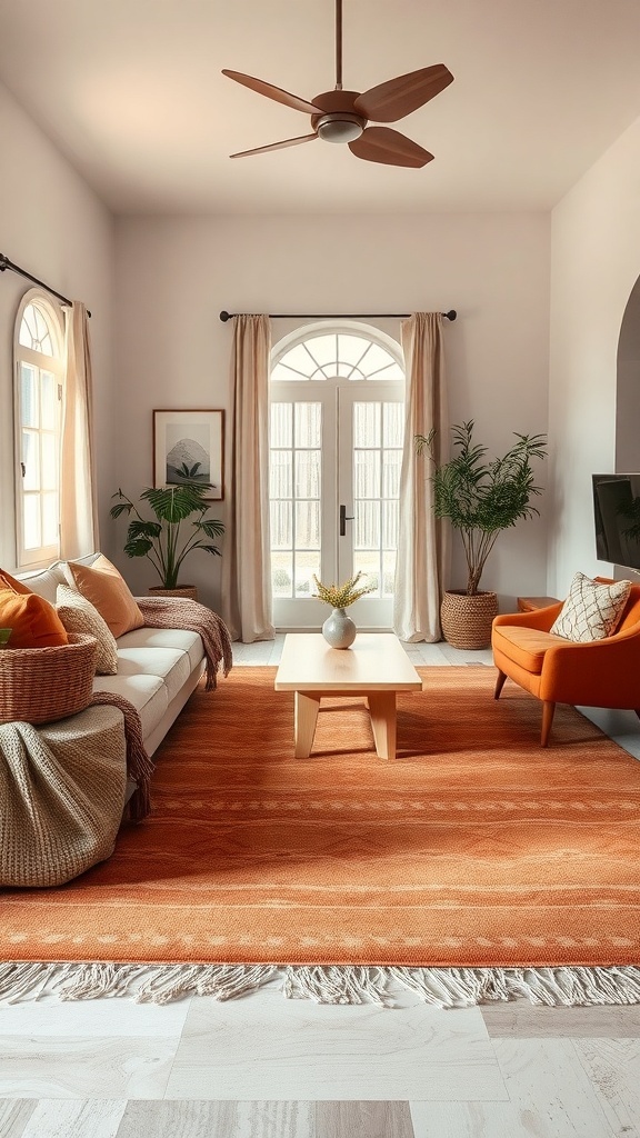 A cozy living room with a warm orange rug, neutral sofa, and vibrant accent chair.