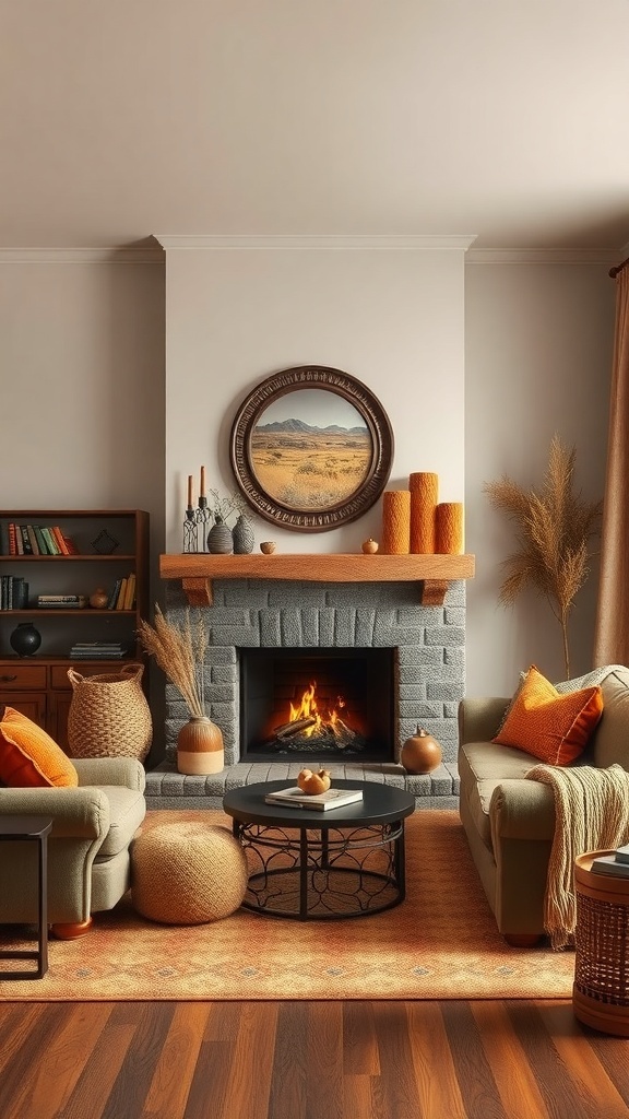 Cozy living room with warm earthy tones, featuring a fireplace, comfortable seating, and decorative elements.