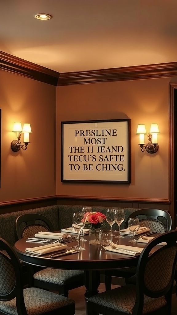 A cozy dining room with wall sconces providing warm light, featuring a round table and elegant decor.
