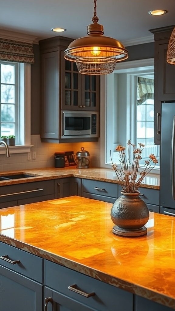 Warm Honey Blend recycled glass countertop in a kitchen with dark cabinetry and decorative vase