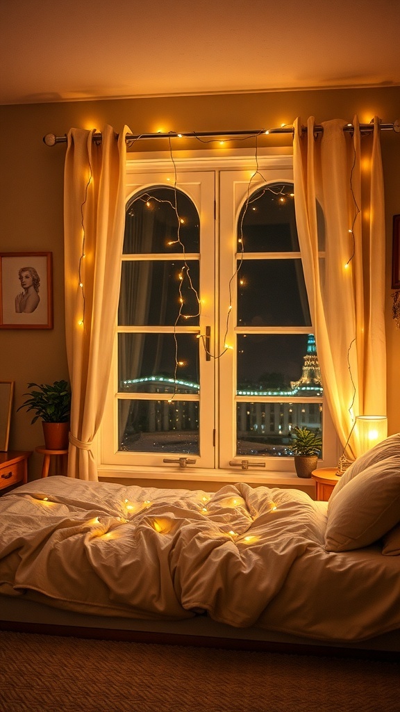 A cozy bedroom with warm lighting, featuring fairy lights around the window and on the bed.