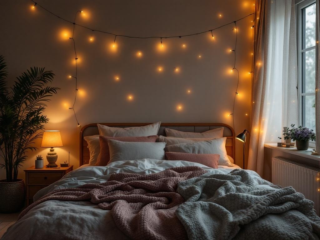 A cozy bedroom with warm lighting, featuring string lights on the wall and a bedside lamp, creating a serene atmosphere.