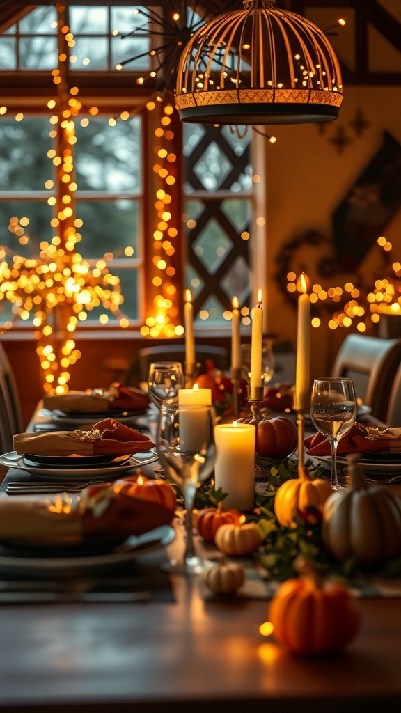 Thanksgiving table decorated with fairy lights, candles, and pumpkins.