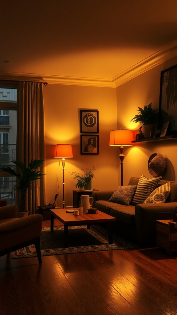 A cozy living room with warm lighting from floor lamps, featuring a comfortable sofa, wooden coffee table, and decorative plants.