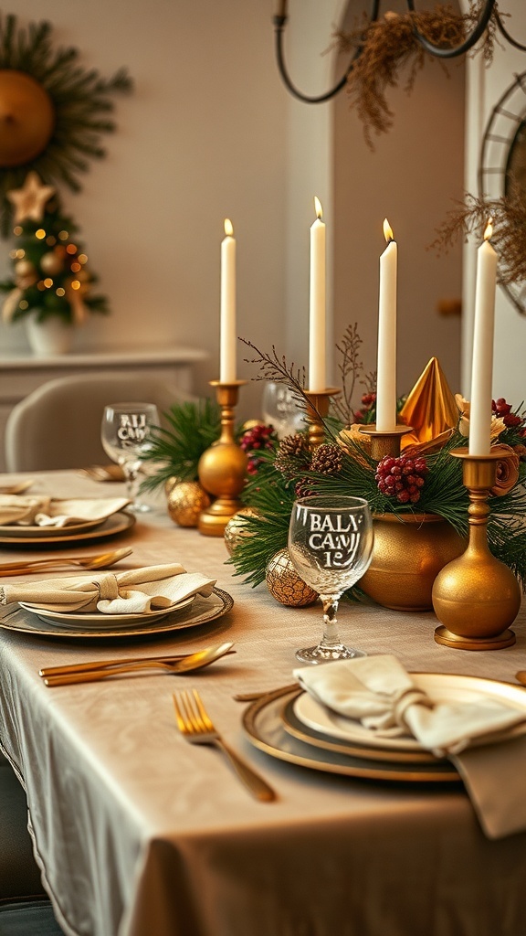 A beautifully set holiday table featuring warm metallic accents in brushed gold and soft bronze, surrounded by greenery and candles.