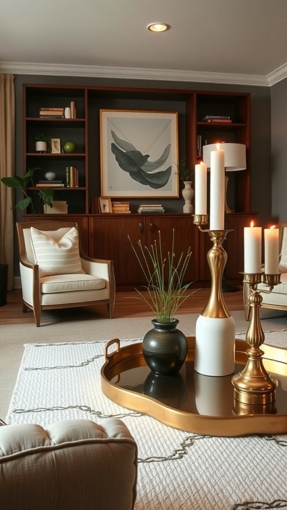 A cozy living room featuring warm metallic accents, including a gold tray and candleholders, with soft textiles and natural elements.