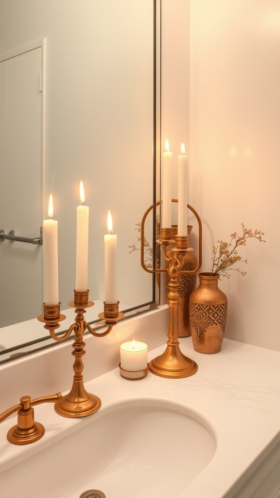 A bathroom countertop with golden candle holders, white candles, and a decorative vase.