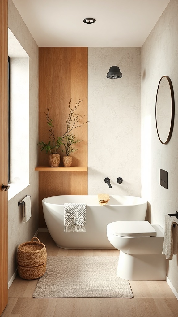 A modern small bathroom featuring warm wood accents, a freestanding bathtub, and natural decor.