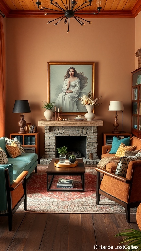 A cozy living room featuring warm peach walls, natural wood accents, and stylish furniture.