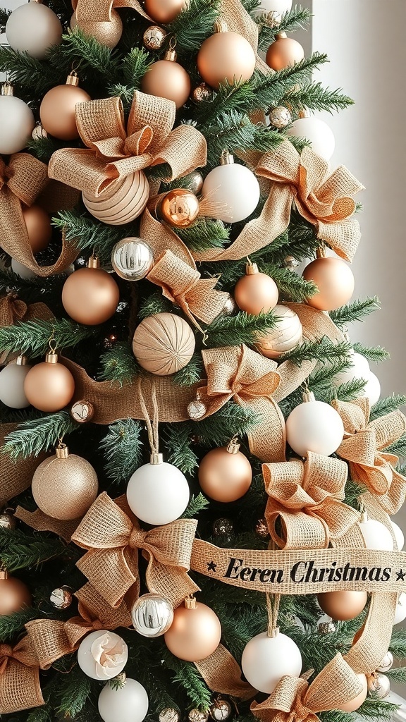 A beautifully decorated Christmas tree featuring warm neutral colors, burlap ribbons, and a mix of matte and glossy ornaments.