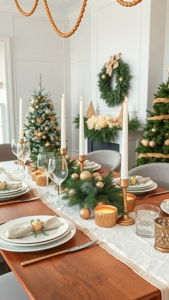 A beautifully set holiday table featuring warm neutrals and soft gold accents, with a decorated Christmas tree in the background.