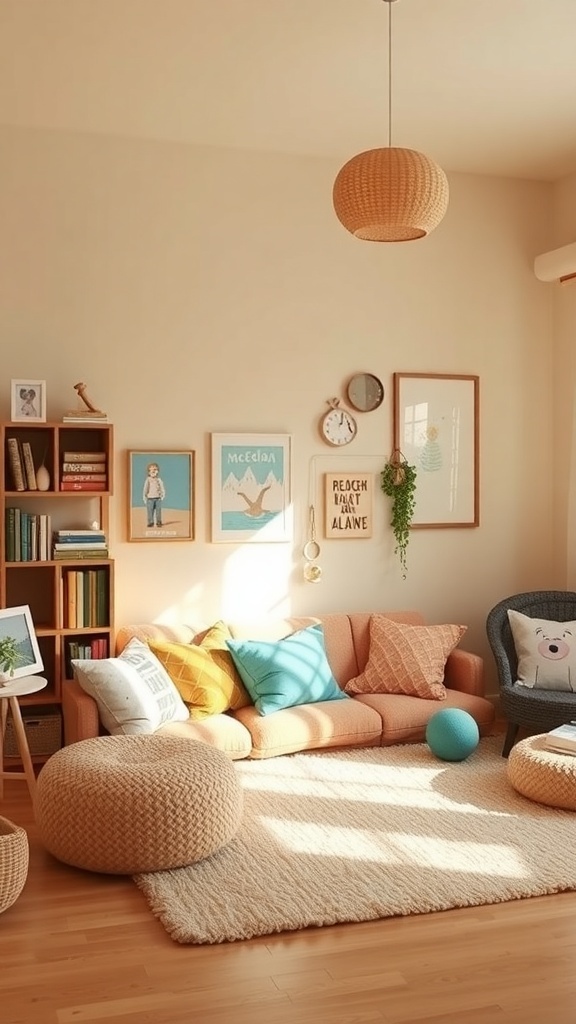 A cozy room with warm neutral walls, a comfortable sofa, colorful cushions, and cheerful decor.