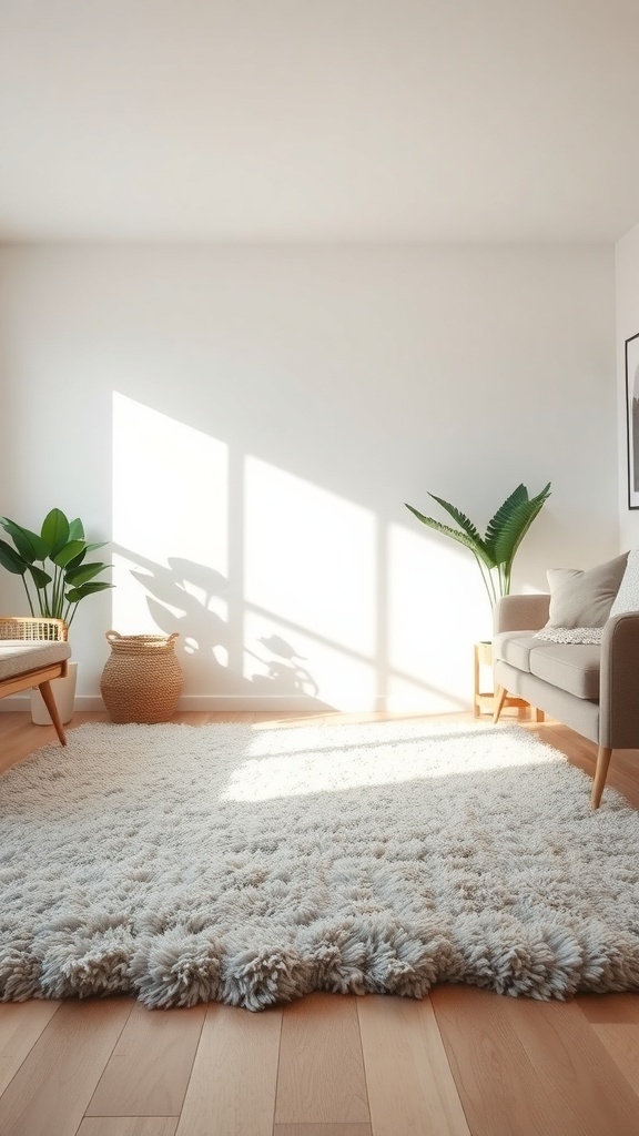 A cozy living room featuring a fluffy light-colored rug, a comfortable sofa, and a plant, creating a warm and inviting atmosphere.