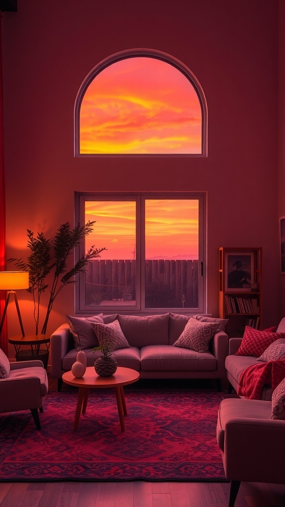 Cozy living room with a sunset view through a large window, featuring warm colors and inviting decor.