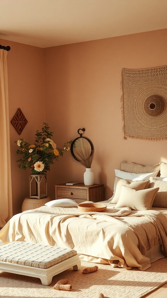 A warm taupe bedroom featuring earthy tones, layered bedding, and natural decor.