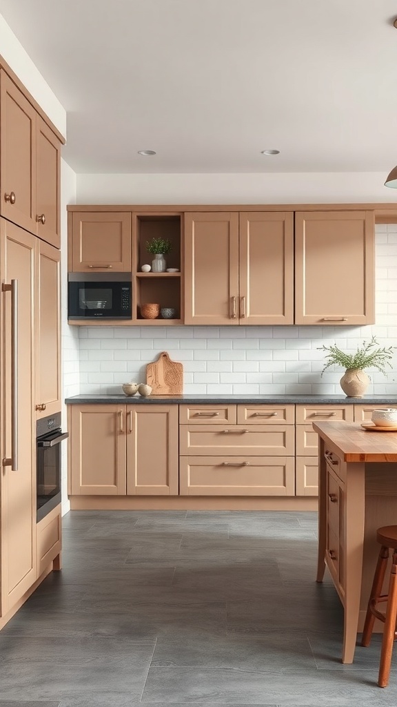 A modern kitchen featuring warm taupe cabinets and gray flooring.