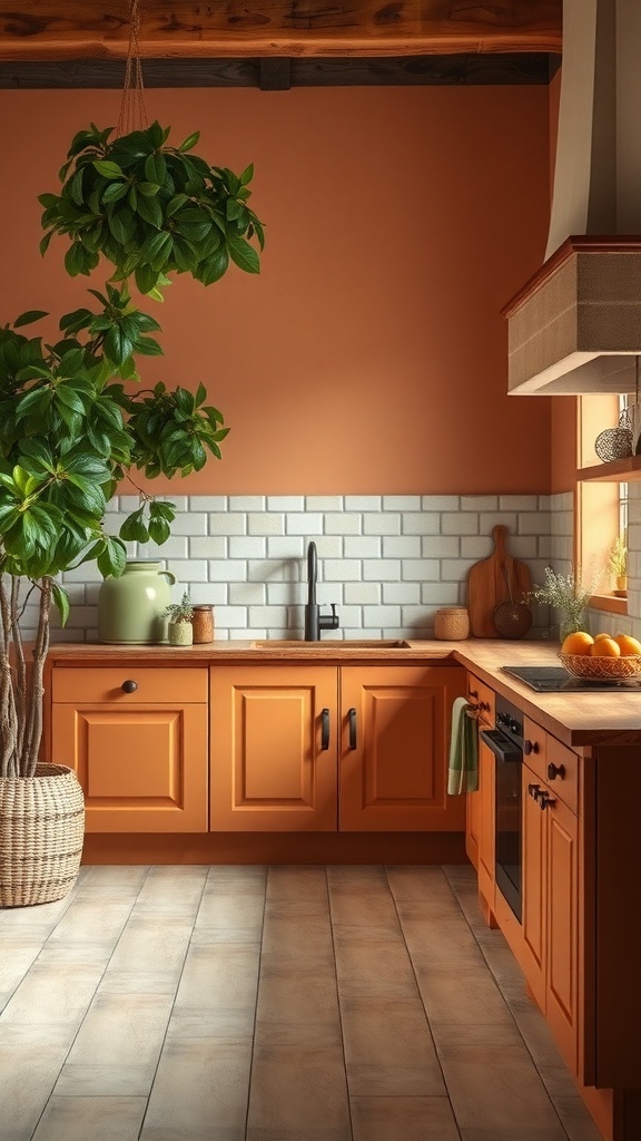 A cozy kitchen featuring warm terracotta cabinets and olive green accents with plants.
