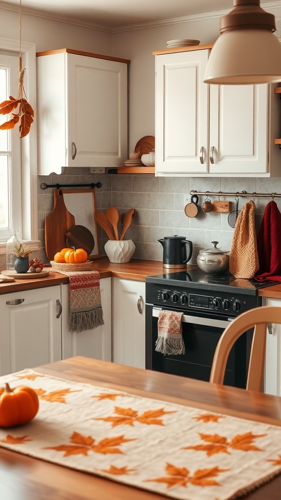 A cozy kitchen decorated with warm textiles and autumn-themed decor, featuring a table runner with orange leaves and pumpkins.