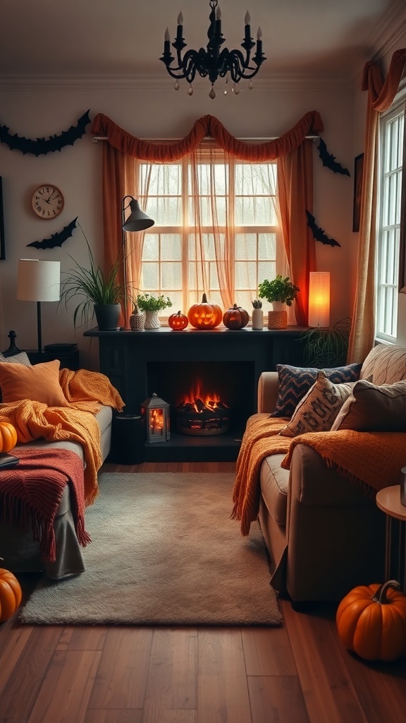 A cozy living room decorated for Halloween with warm throw blankets on the sofas, pumpkins, and a glowing fireplace.