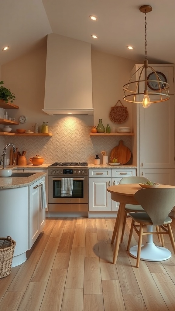 A cozy cashmere kitchen featuring warm beige-gray walls, light wood flooring, and natural decor elements.
