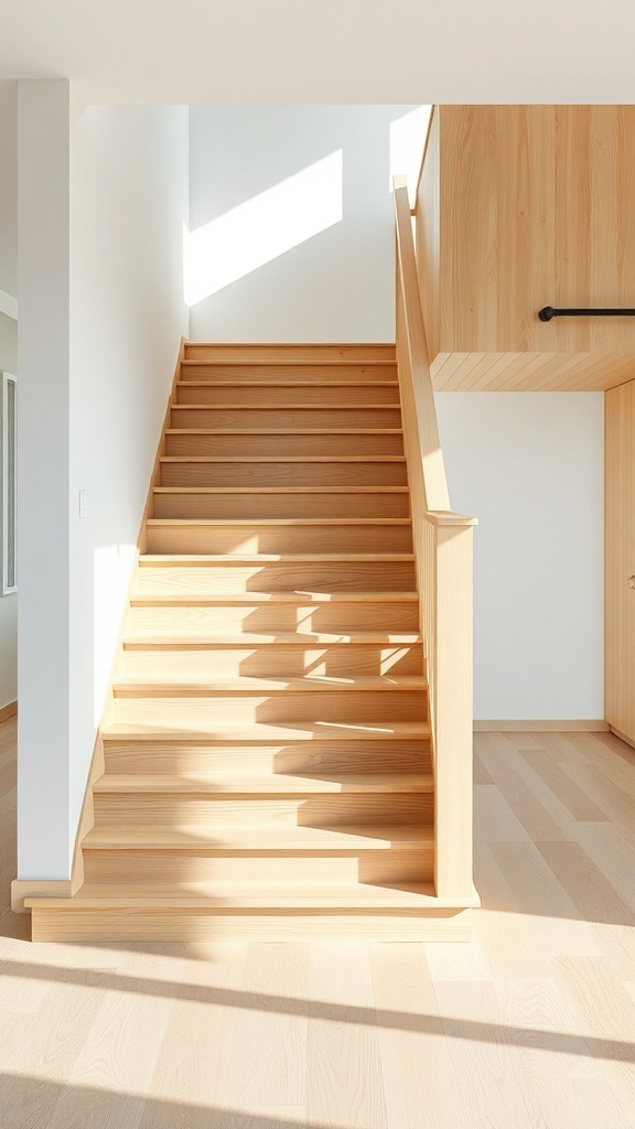 A modern staircase featuring warm white oak wood finishes, showcasing clean lines and natural light.