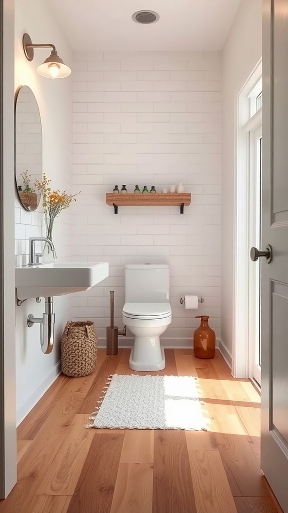 Small bathroom with warm wood-look plank tile flooring, white walls, and modern fixtures.