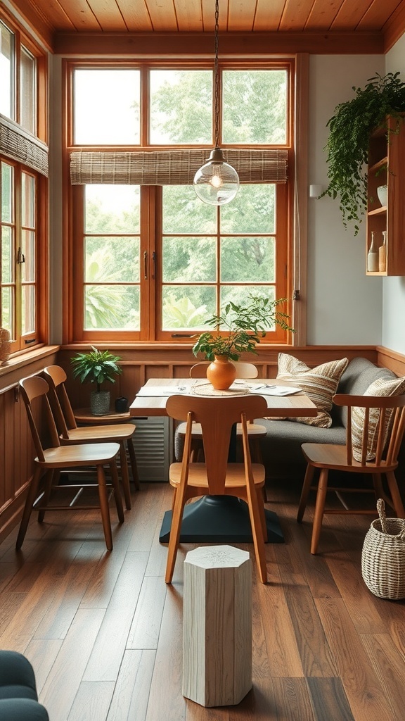 A cozy breakfast nook with warm wood tones, textured seating, and ambient lighting.