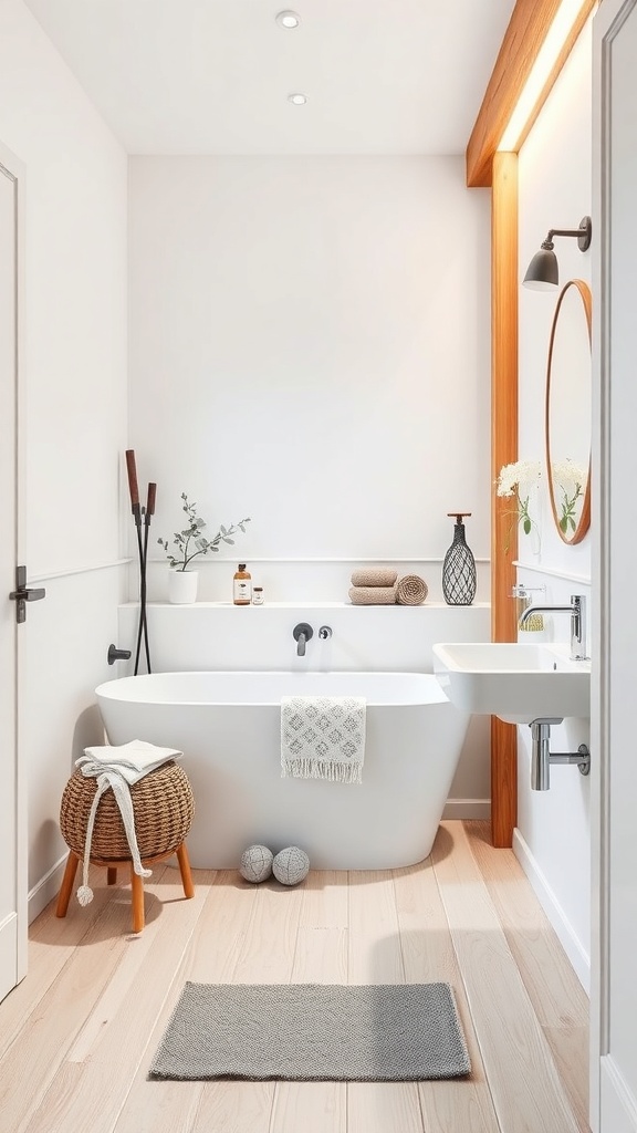 A bright Scandinavian bathroom featuring warm wood accents, a white bathtub, and minimal decor.
