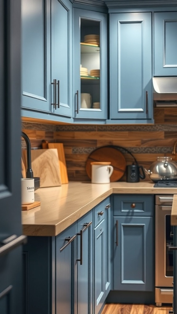 A kitchen featuring soft matte blue cabinetry with warm wood accents and fluted glass doors.