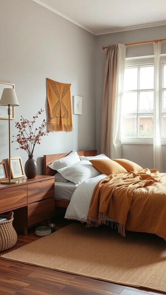 A cozy bedroom featuring warm wood furniture and chocolate brown accents, with soft bedding and natural decor.