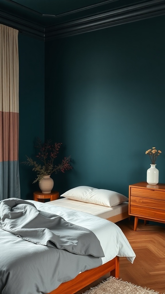 A cozy bedroom featuring dark teal walls and warm wood furniture.