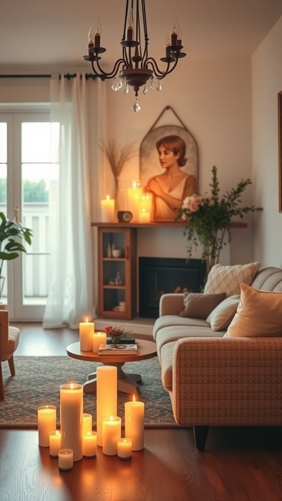 A cozy living room with various candles glowing softly, creating a warm atmosphere.