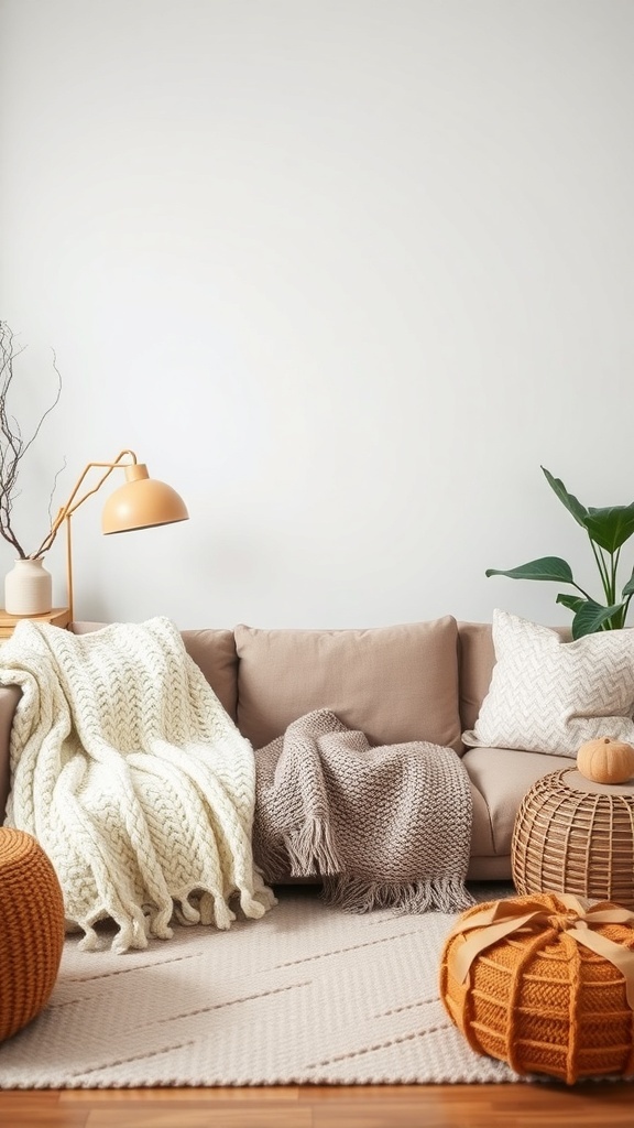 Cozy living room with a beige couch, knitted blankets, and warm textiles.