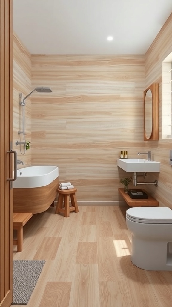 A modern bathroom featuring wood-look porcelain tiles on the walls and floor, with a bathtub and sink.