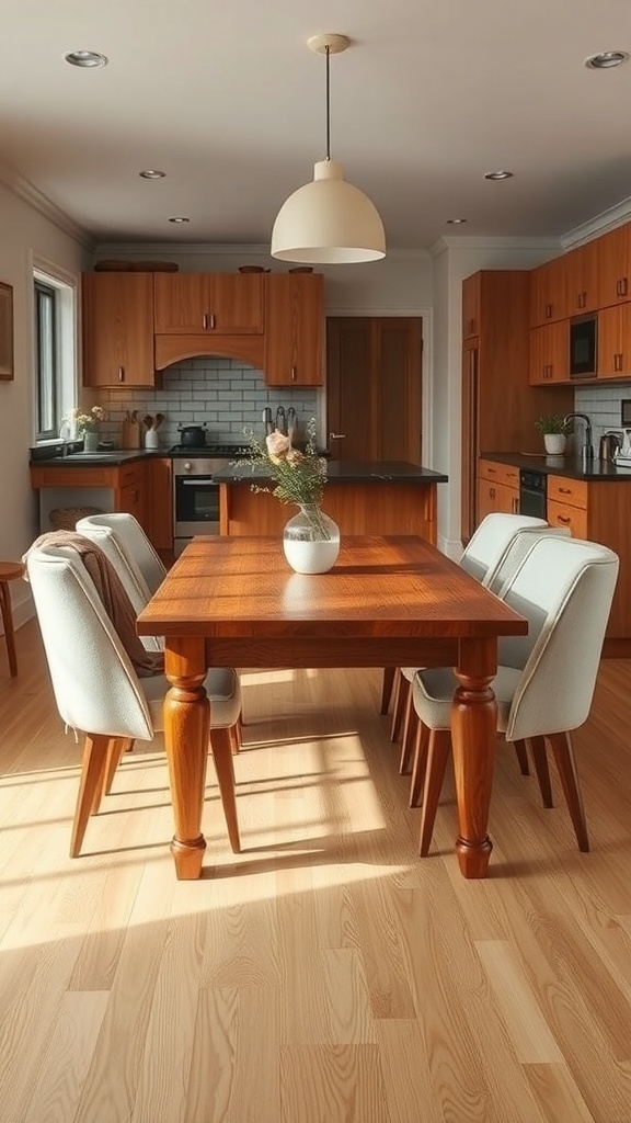 A warm wooden dining table with soft chairs in a cozy kitchen-dining area.