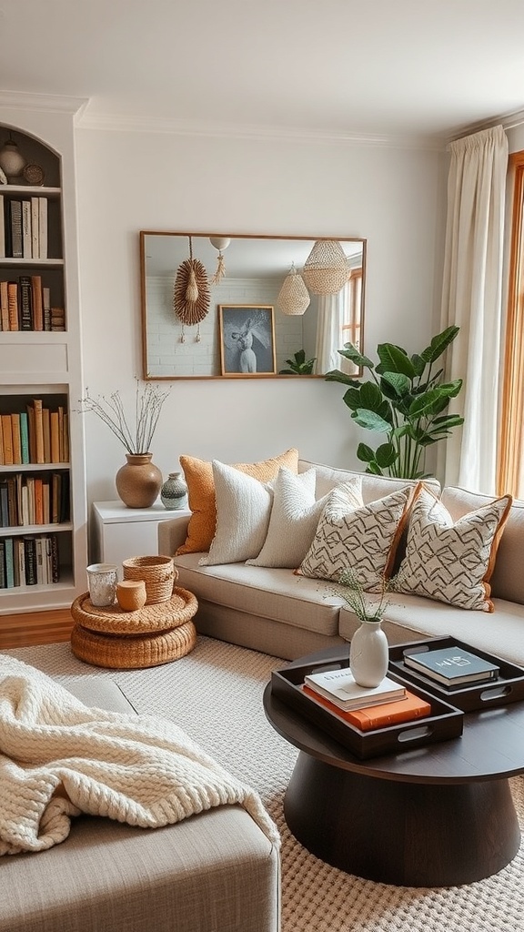 A cozy living room with soft textures, earthy tones, and inviting accessories.