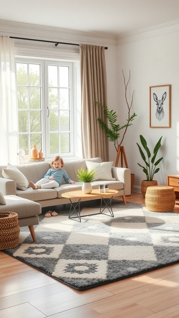 A cozy living room with a child sitting on a patterned washable rug, showcasing a soft and inviting space.