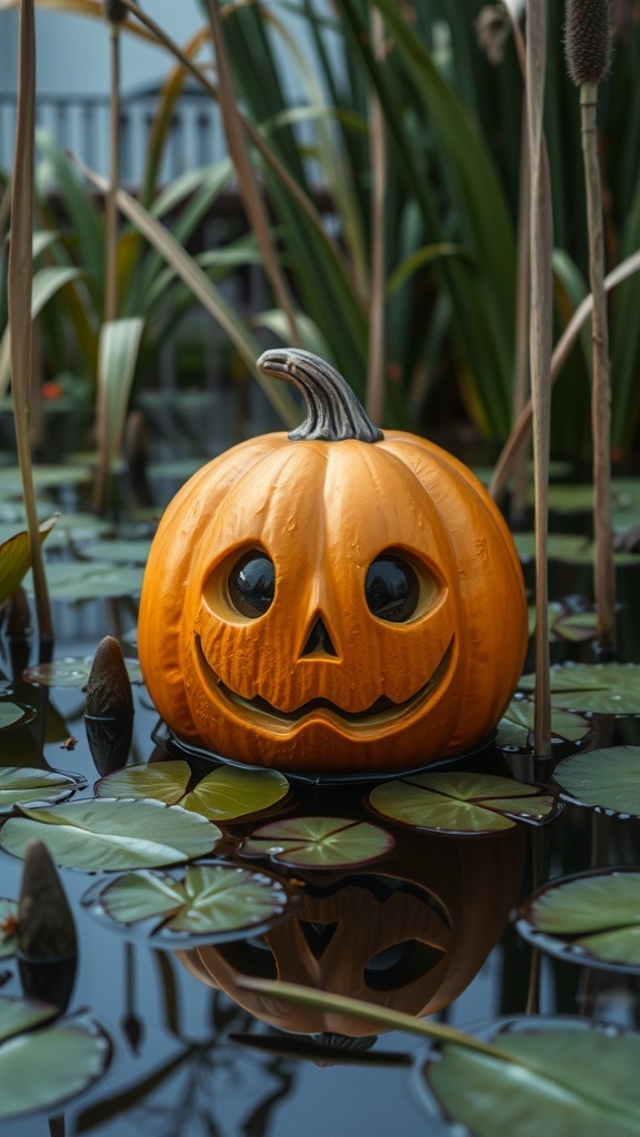 A pumpkin head ornament floating among lily pads in a pond.