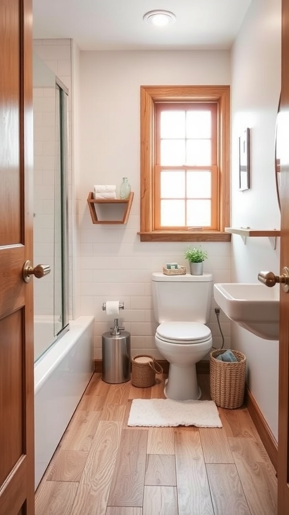 Small bathroom with waterproof laminate flooring that mimics wood, featuring warm tones and natural accents.