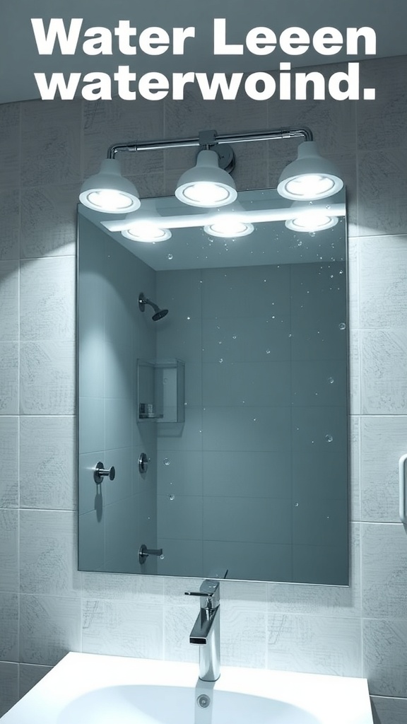 A modern bathroom mirror with a waterproof light fixture above it, showcasing a sleek design and bright illumination.