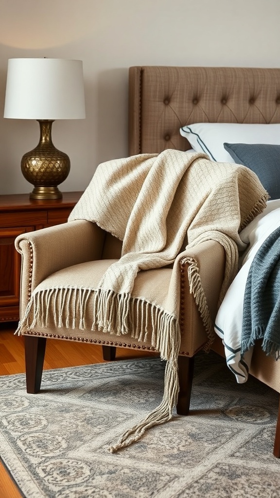 A cozy beige throw draped over a beige armchair in a fall-themed bedroom