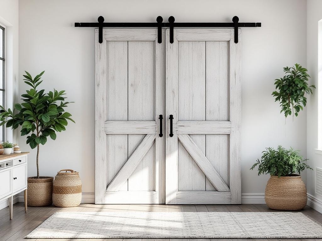Interior with weathered gray wash barn doors, light room, plants, and woven baskets.