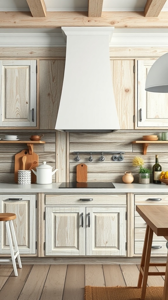 A kitchen featuring weathered wood shiplap panels, a white range hood, and light wood cabinetry.