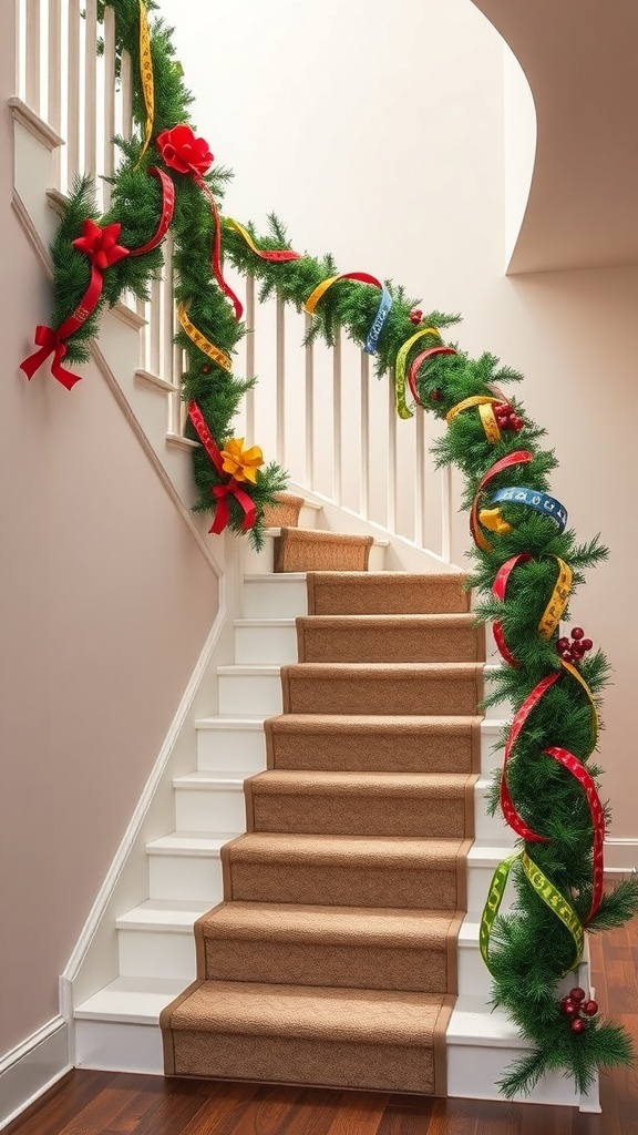 A staircase decorated with garland and colorful ribbons for Christmas.